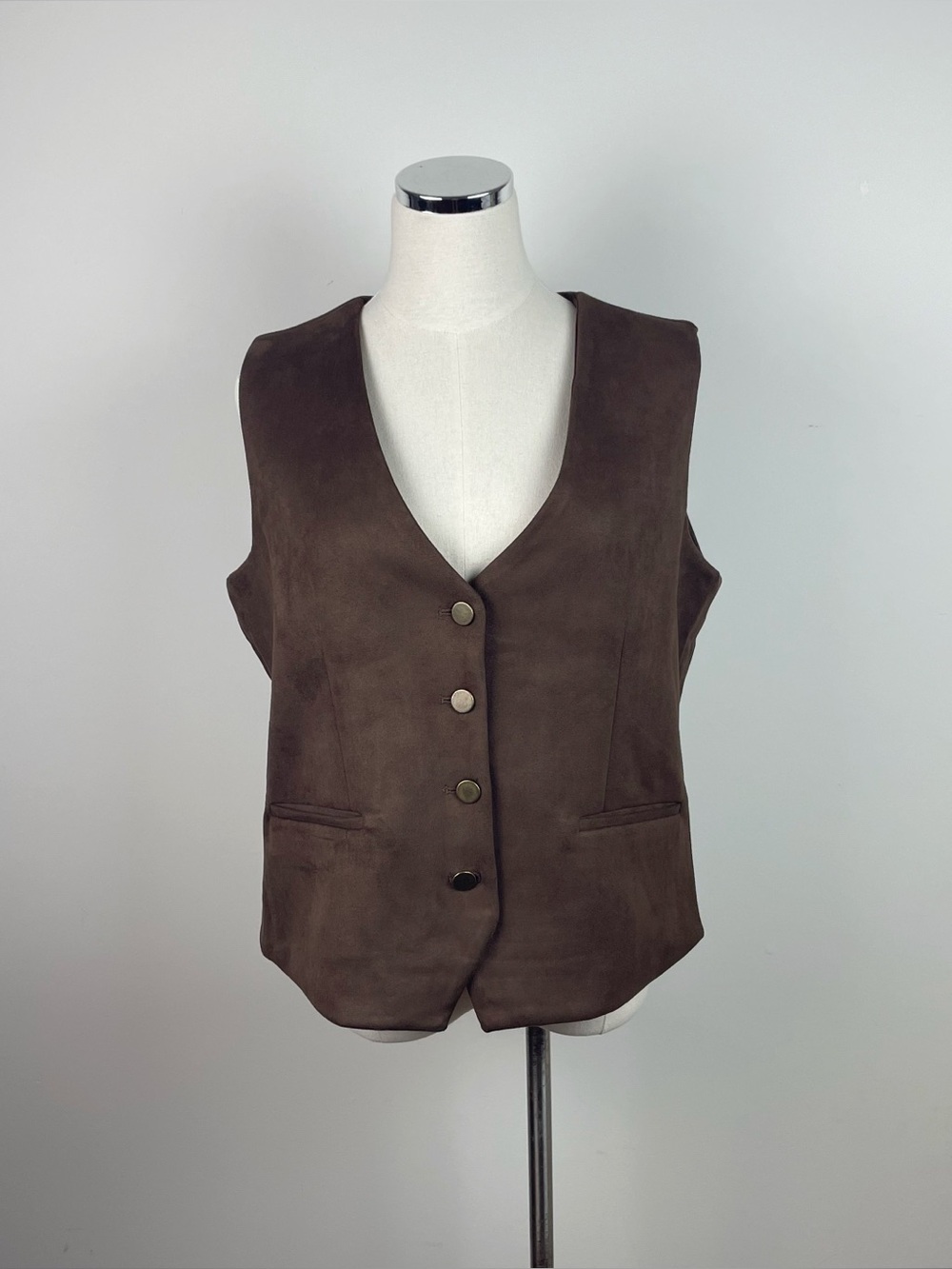 Truth By Republic Solid Brown Faux Leather Suede Button Front Vest Women Large